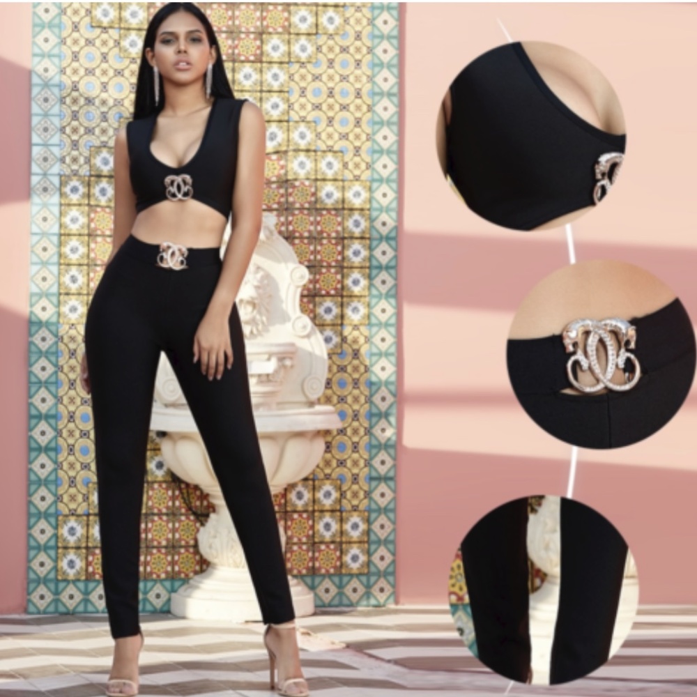 CO-ORD 2 PIECE SET BLACK BANDAGE CROP TOP & PANT - Picture 4 of 12